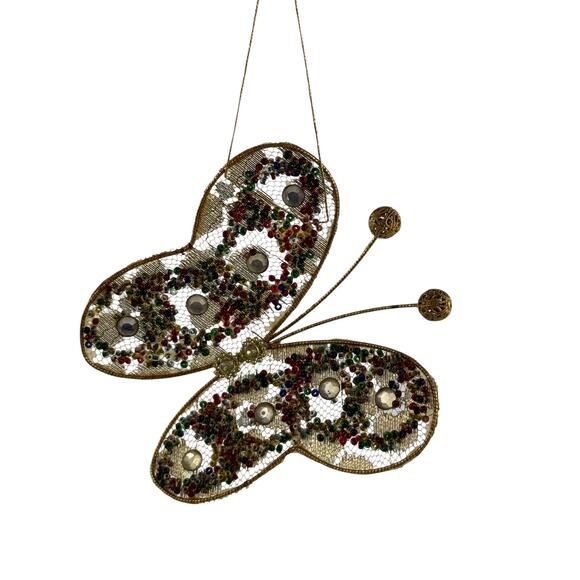 Vintage Gold Beaded Butterfly Christmas Ornament Mesh Hanging - Picture 7 of 15